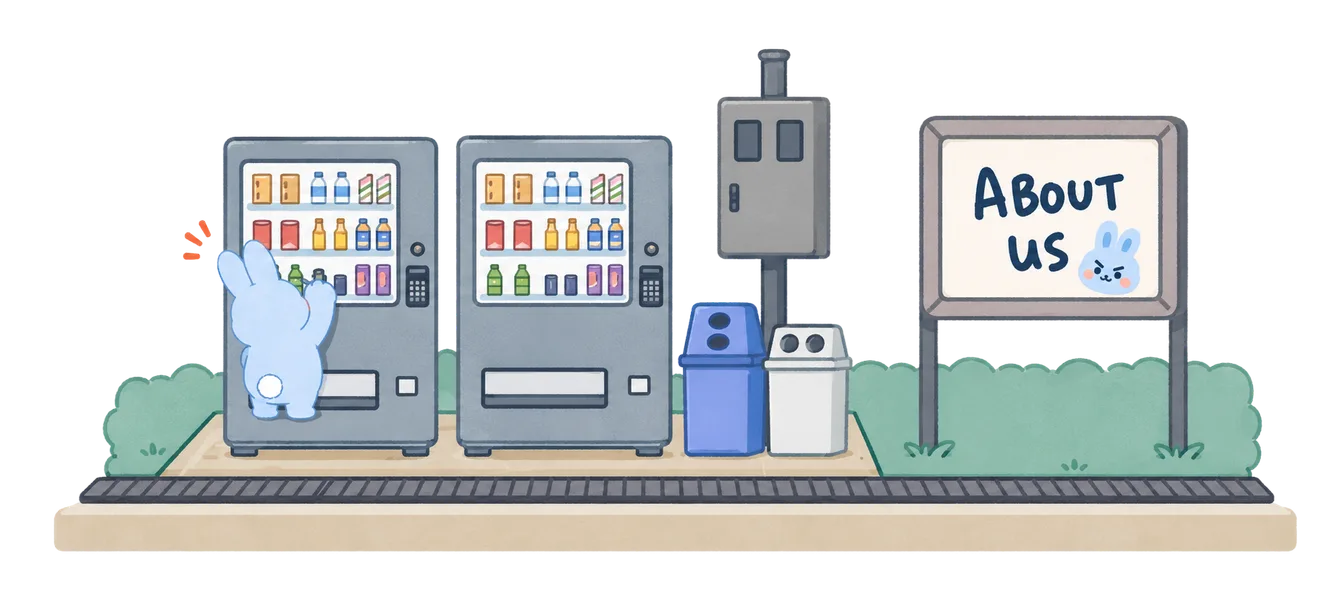 Purchase Korea mascot browsing vending machines next to an About Us sign
